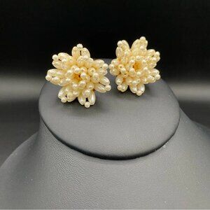 Vintage Cluster Earrings with Faux Pearl Beads in a Flower Design - pierced